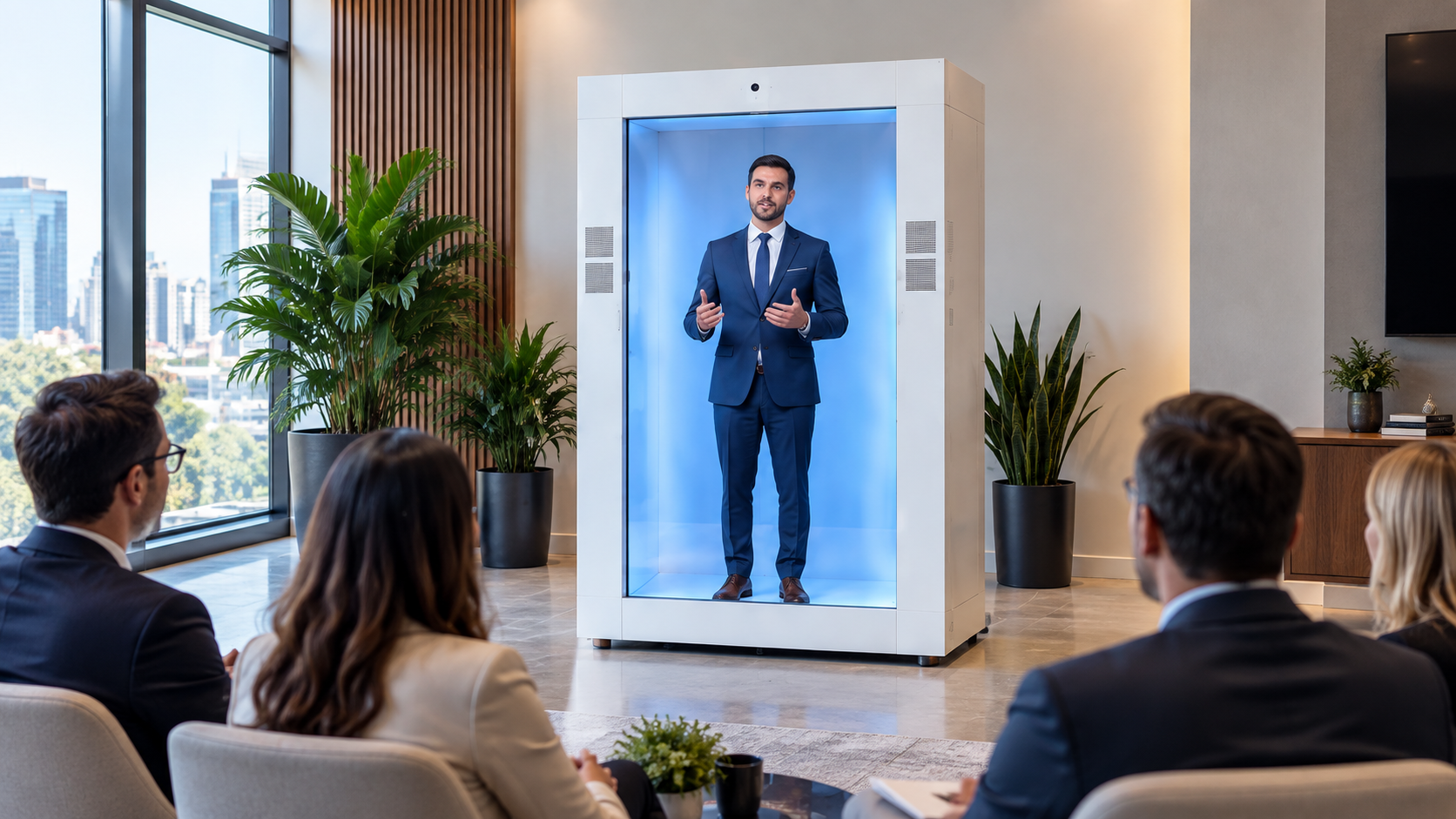 Feelspace hologram presentation box showing a business presenter to a seated audience.